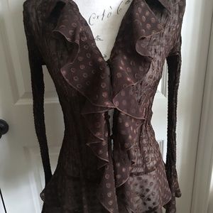 Long Sleeve Brown Blouse w/ Ruffles Polka Dot